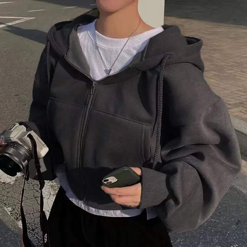 2024 Fleece-Lined Cropped Zip-Up Hoodie – Women